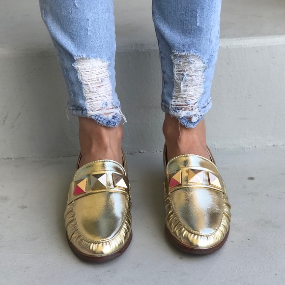 Urban Outfitters Shoes - Desert Gold Studded Boyfriend Slip On Loafers